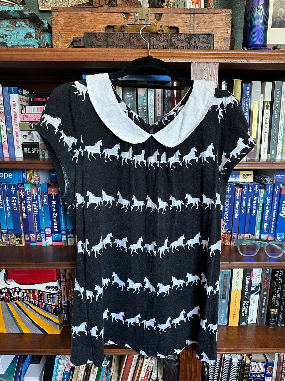 Anthropologie long horse top. Cap sleeves, sweet Peter Pan white dot collar.